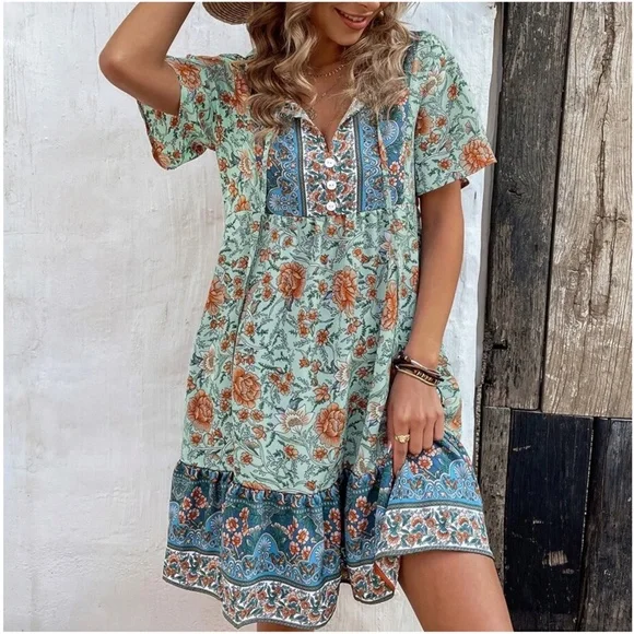 Boho Floral Print Butterfly Sleeve Dress - Picture 6 of 6